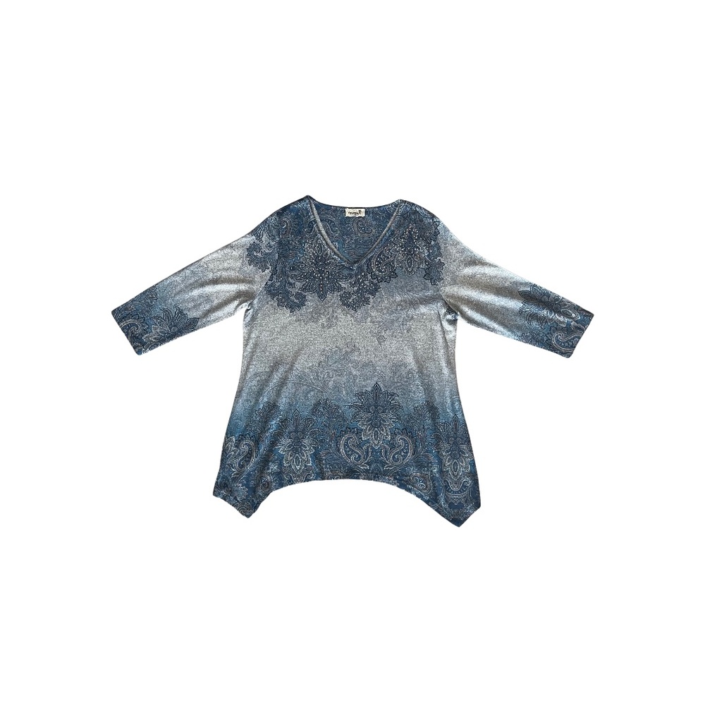 One World Woman's V-Neck Printed Embellished 3/4 Sleeve Top_Size Medium